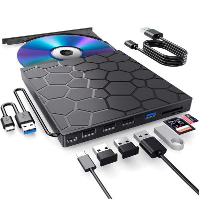 BPAKDU External CD/DVD Drive for Laptop, DVD Player for Laptop, 8 in 1 USB 3.0 Ultra-Slim Portable, CD Burner External Disk Drive Optical Compatible with Desktop Mac,Windows 11/10/8/7 Linux