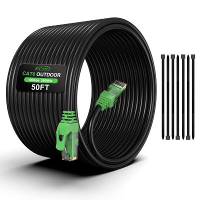 50FT Cat6 Outdoor Ethernet Cable, In-Ground, Heavy Duty Direct Burial, 24AWG CCA Patch Cord for Laptops, PCs, Routers, Printers, Surveillance Camera, PoE, UTP Cat 6 Internet Cable with 25 Cable Ties