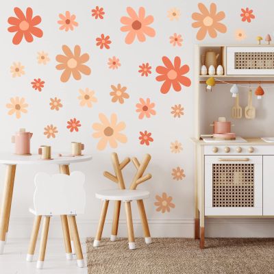 TaoBary 12 Sheet Daisy Wall Sticker Decal Removable Cute Daisy Bedroom Room Decor Flower Wall Sticker Pink White Flower Decal Wallpaper Peel and Stick for Nursery Home(Orange,Colorful Style)