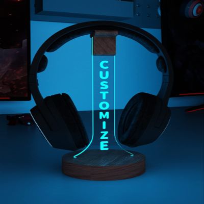 YuanDian Headphone Stand, Personalized Light up Wood Headset Holder for Desk, Gaming Headset Wood Holder RGB with 7 Color Lights for Game Room Decor, Cool Gamer Gifts for Men Boyfriend