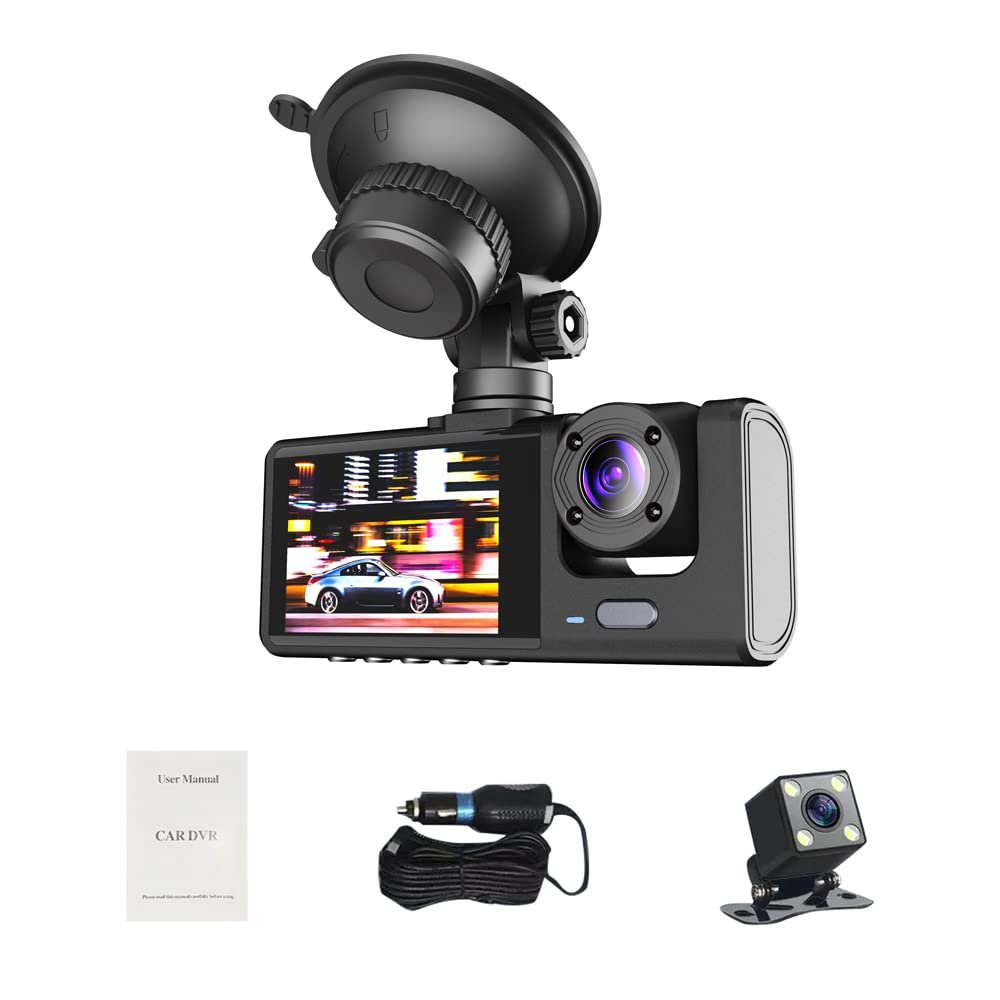 1080P DVR Dash Camera Front & Inside & Rear Camera Driving Recorder 2 Inch Screen Dashcam Support Night-Vision Loop Recording One-Key Lock