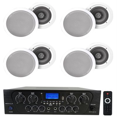 Rockville RPA40BT Bundle: 4-Zone Bluetooth Amplifier Receiver, (4) Pairs HC655 6.5" in-Ceiling Speakers White 80W RMS 500W Peak per Pair