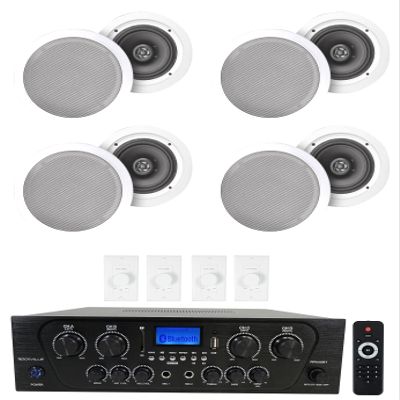 Rockville RPA40BT Bundle: 1000W 4-Zone Bluetooth Home Stereo Amplifier, (4) Pairs HC85 8-in 700W Peak/240W RMS White Ceiling Speakers, (4) VOL850 50W Stereo Volume Controllers, 9-Items