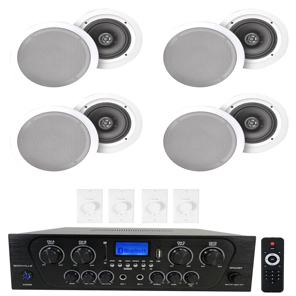 Rockville RPA40BT Bundle: 1000W 4-Zone Bluetooth Home Stereo Amplifier, (4) Pairs HC85 8-in 700W Peak/240W RMS White Ceiling Speakers, (4) VOL850 50W Stereo Volume Controllers, 9-Items