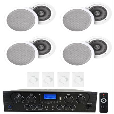 Rockville RPA40BT Bundle: 1000W 4-Zone Bluetooth Home Stereo Amplifier, (4) Pairs HC655 6.5" Ceiling Speakers 500W Peak/160W RMS per Pair, (4) VOL850 Stereo Wall Volume Controllers, 9-Items