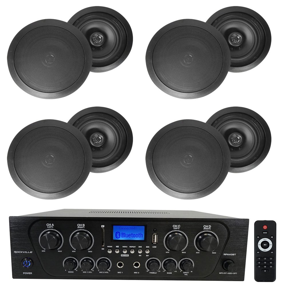 Rockville RPA40BT Bundle: 4-Zone 1000-Watt Home Stereo Bluetooth Receiver, (4) Pair HC85 8-in 700-Watt Peak/240-Watt RMS in-Ceiling Home Theater Speakers, 5-Items