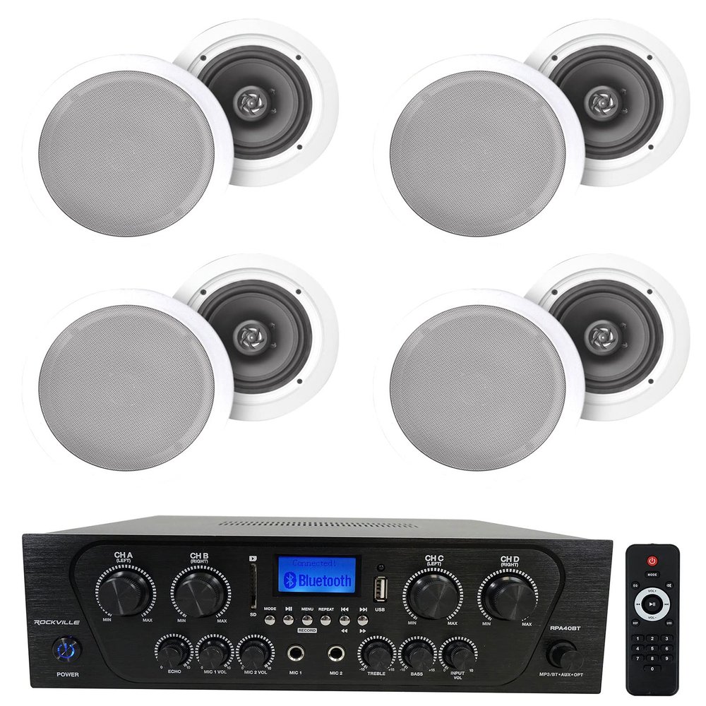 Rockville RPA40BT Bundle: 4-Zone 1000-Watt Bluetooth Home Stereo Amplifier Receiver, (4) Pairs HC85 8-in 700-Watt in-Ceiling Speakers, 5 Items