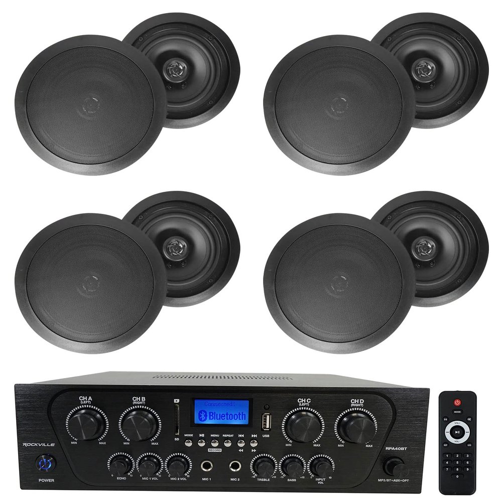 Rockville RPA40BT Bundle: 4-Zone 1000-Watt Peak/250-Watt RMS Bluetooth Home Stereo Receiver, (4) Pairs HC655 6.5" 500-Watt Peak/160-Watt RMS 8-Ohm in-Ceiling Speakers, Optical and RCA, 5-Items