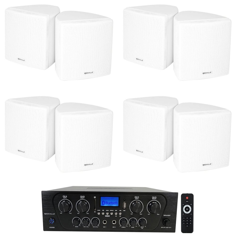 Rockville RPA40BT Bundle: 1000W 4-Zone/Channel Home Stereo Bluetooth Amplifier Receiver, (4) Cube 3.5 in White Home Theater Wall Speakers with Swivel Brackets, 5-Items