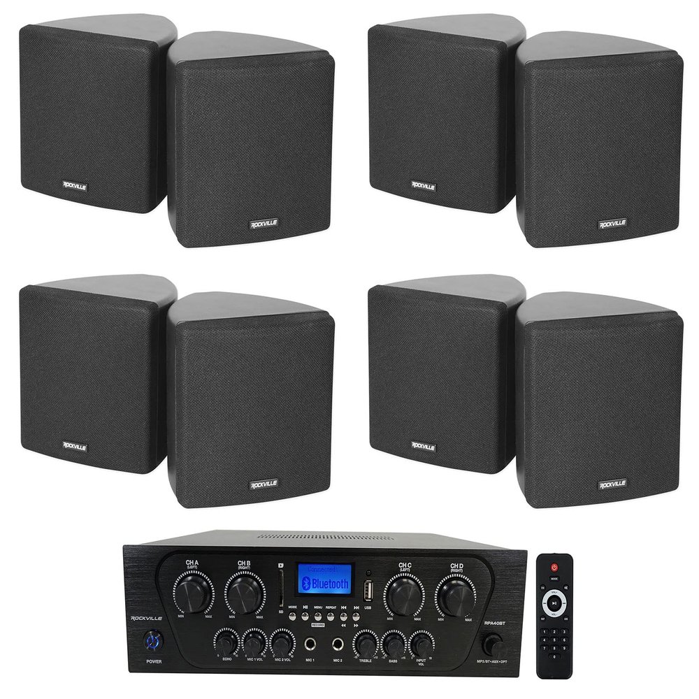 Rockville RPA40BT Bundle: 1000W 4-Zone/Channel Home Stereo Bluetooth Amplifier Receiver, (4) Cube 3.5 in Black Home Theater Wall Speakers with Swivel Brackets, 5-Items