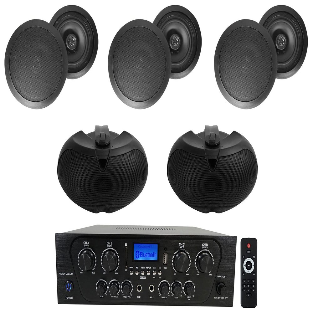 Rockville RPA40BT Bundle: 4-Zone Bluetooth Amplifier 1000W Peak, (3) Pairs HC655 6.5" in-Ceiling Speakers 80W RMS Each, (2) D4-8 Dual 4" Outdoor Speakers, 9 Items