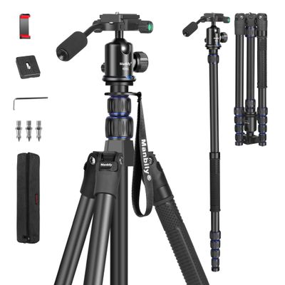 Camera Tripod, Manbily 74" Aluminum Travel Tripod Monopod Stand for Camera DSLR Phone, 360 Ball Head w Handle and Extra 1/4" QR Plate, Payload 17.6lbs, Compatible with Canon Nikon Sony