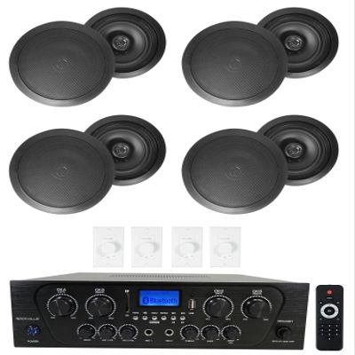 Rockville RPA40BT Bundle: 1000W 4-Zone Bluetooth Home Stereo Amplifier, (4) Pairs HC85 Black 8-Inch 700W Peak/240W RMS Ceiling Speakers, (4) VOL850 Stereo Wall Volume Controllers, 9-Items
