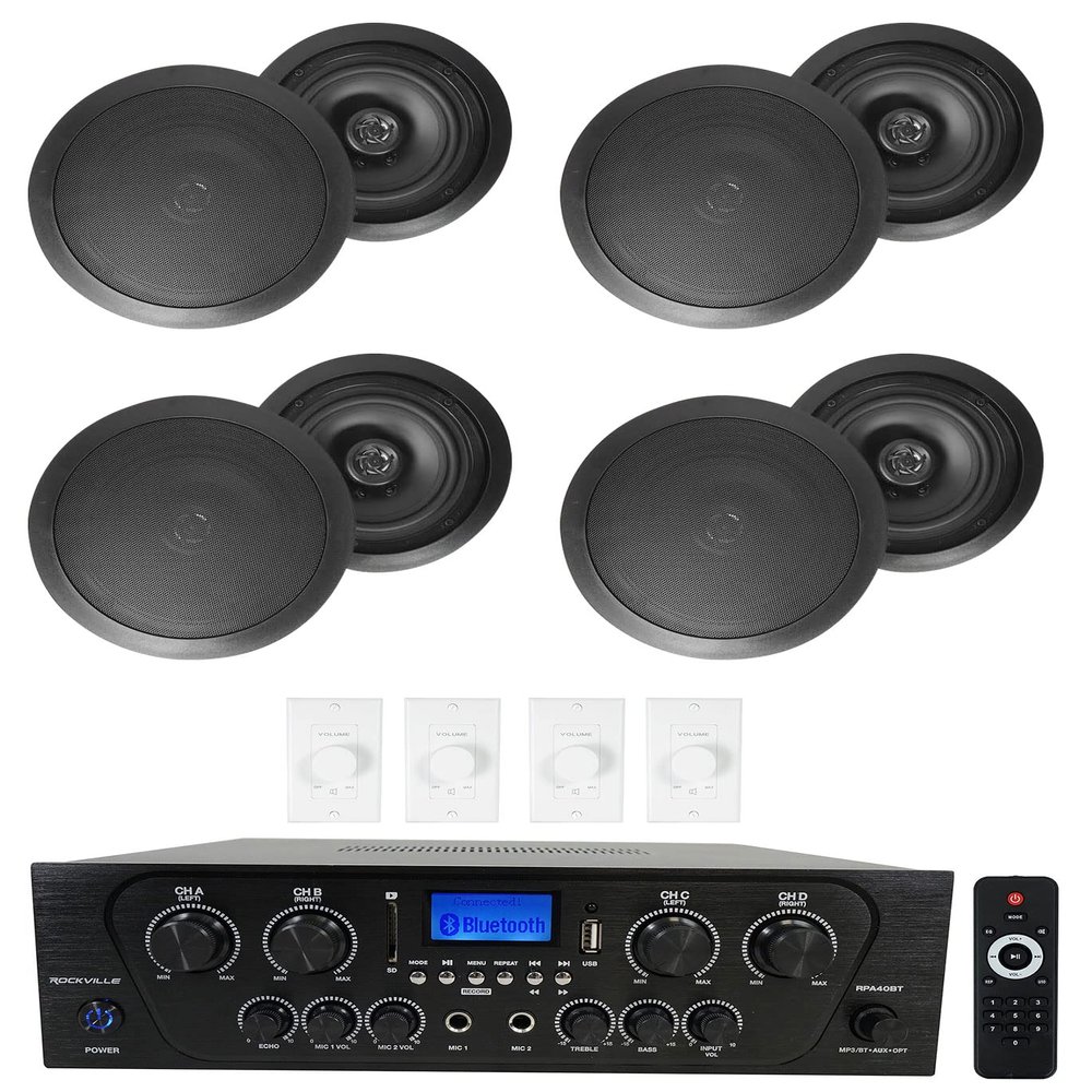 Rockville RPA40BT Bundle: 1000W 4-Zone Bluetooth Home Stereo Amplifier, (4) Pairs HC85 Black 8-Inch 700W Peak/240W RMS Ceiling Speakers, (4) VOL850 Stereo Wall Volume Controllers, 9-Items