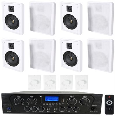 Rockville RPA40BT Bundle: 1000W 4-Zone Bluetooth Home Stereo Amplifier, (4) Pairs of RockSlim White 5.25-Inch 240W Peak/80W RMS Wall Speakers, (4) VOL850 Volume Controllers, 9-Items