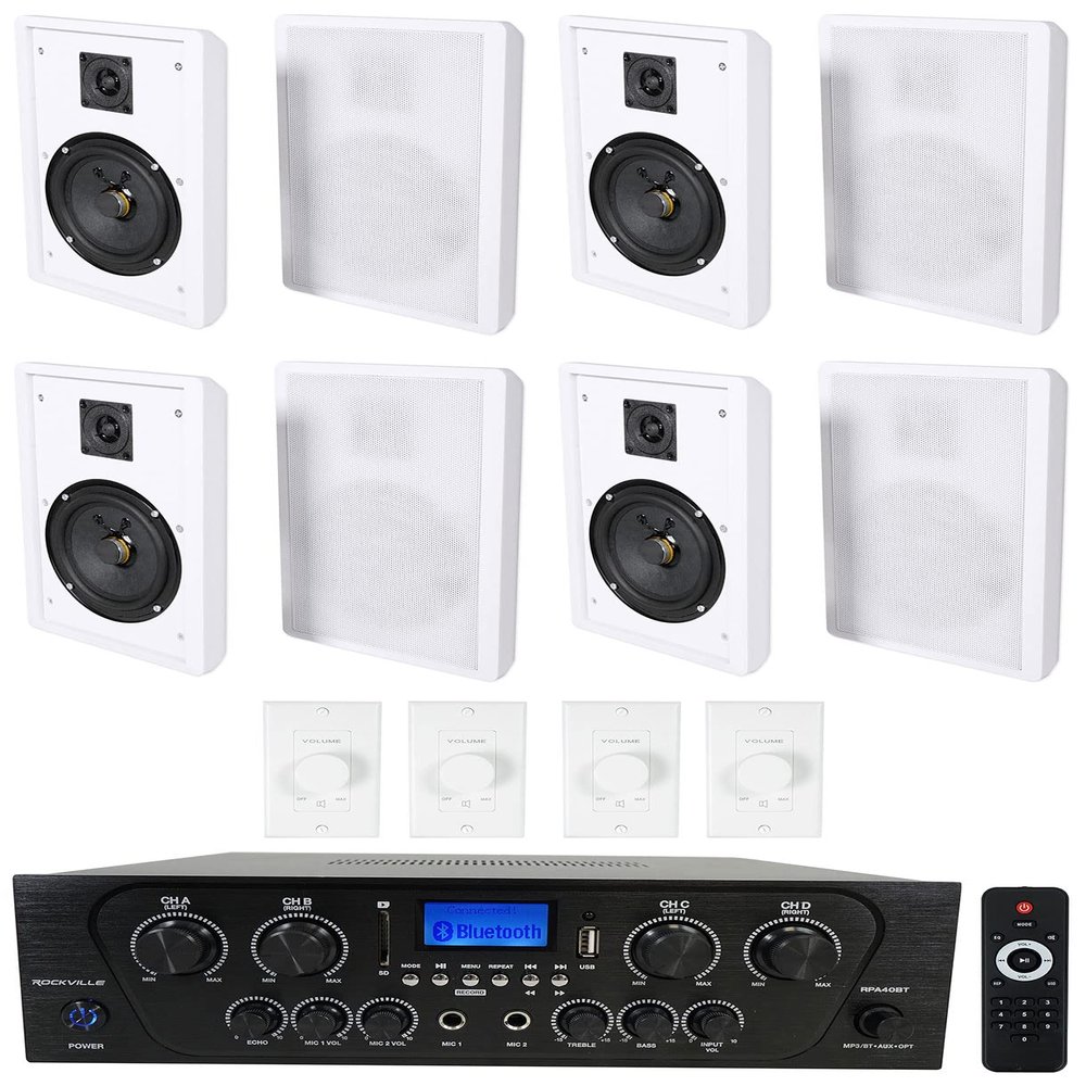 Rockville RPA40BT Bundle: 1000W 4-Zone Bluetooth Home Stereo Amplifier, (4) Pairs of RockSlim White 5.25-Inch 240W Peak/80W RMS Wall Speakers, (4) VOL850 Volume Controllers, 9-Items