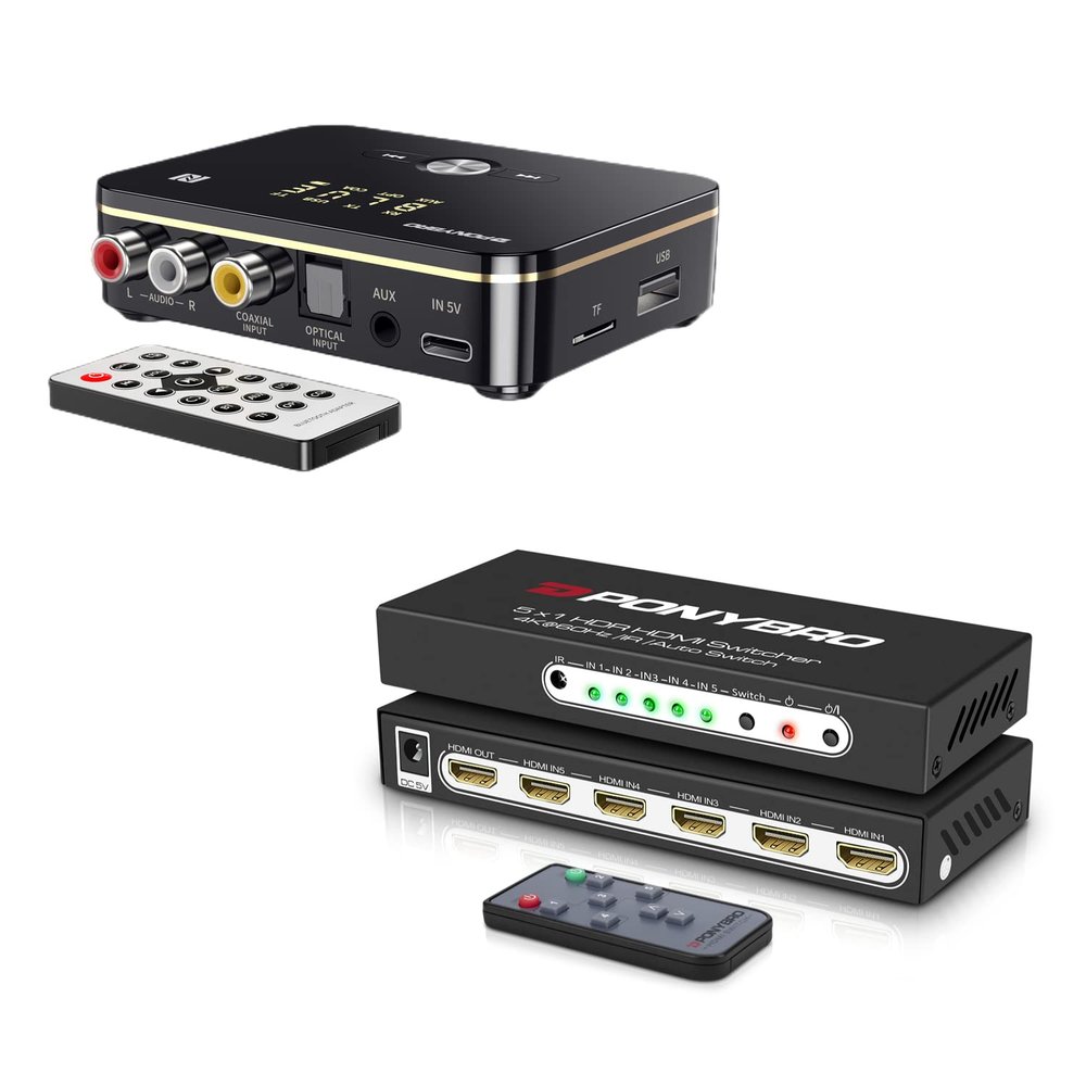 PONYBRO Wireless Bluetooth 5.0 Receiver and Transmitter 2 in 1 with Remoteand PONYBRO 4K 60Hz HDMI Switch 5 Port with Remote