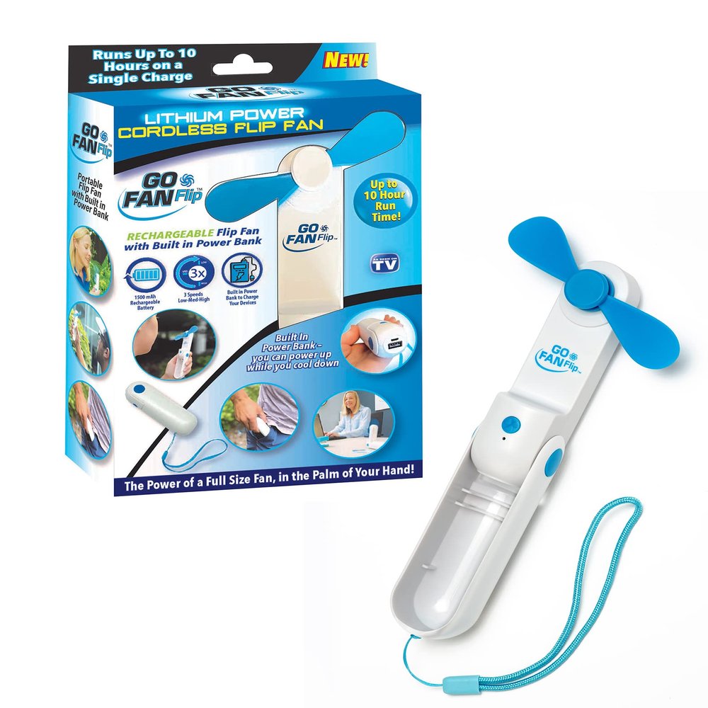 Spark Innovators Go Fan Flip - 3 Speed Rechargeable Fan and Power Bank In One! Fits in Palm, Soft Flex Blades, Up To 10 Hours Run Time