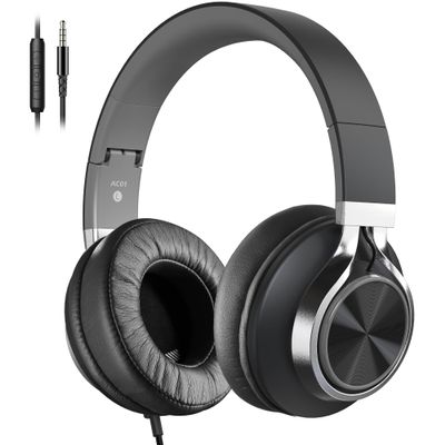 COOSII AC01 Headphones Wired Over Ear, Corded Stereo Headsets with Microphone Volume Control for Adults Teens Kids 3.5mm for Cellphones, Tablets, Laptop, Chromebook (Black Grey)