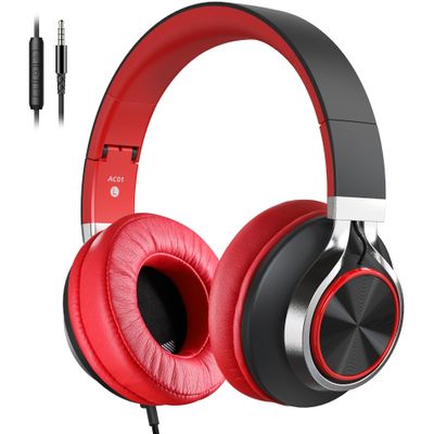 COOSII Over Ear Headphones Wired, AC01 Corded Stereo Headsets with Microphone Volume Control for Adults Teens Kids 3.5mm Jack for Chromebooks, Laptop, Computer, Tablets, Travel (Black Red)