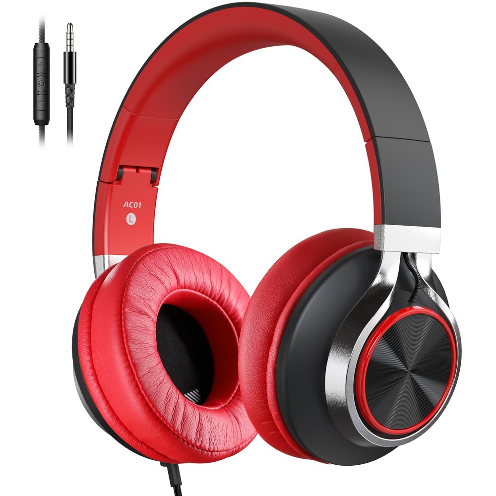 COOSII Over Ear Headphones Wired, AC01 Corded Stereo Headsets with Microphone Volume Control for Adults Teens Kids 3.5mm Jack for Chromebooks, Laptop, Computer, Tablets, Travel (Black Red)