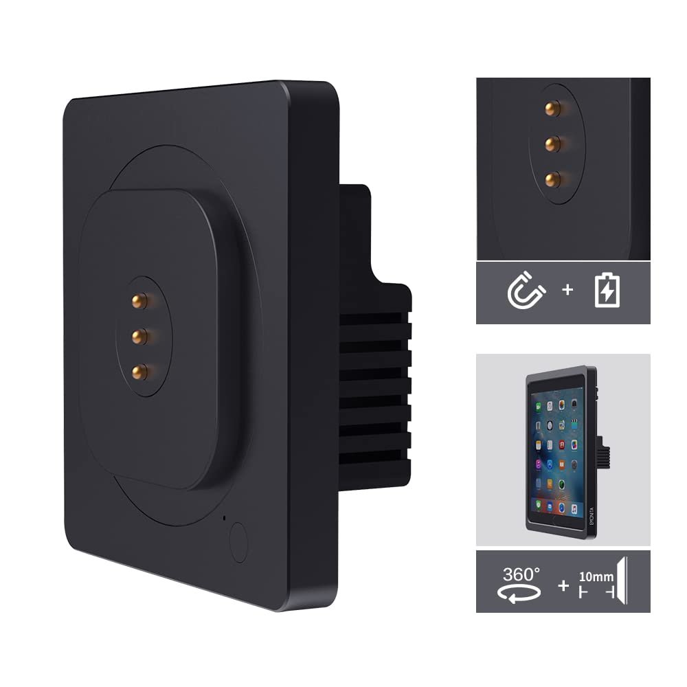 EMONITA iPad Wall Mount with Upgraded 18W Fast Charger, Strong Magnets, 360 Rotation - Black
