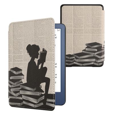 kwmobile Case Compatible with Amazon Kindle (2022/2024) Case - eReader Cover - Girl and Books Black/Beige