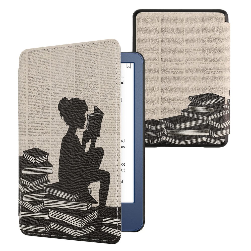 kwmobile Case Compatible with Amazon Kindle (2022/2024) Case - eReader Cover - Girl and Books Black/Beige