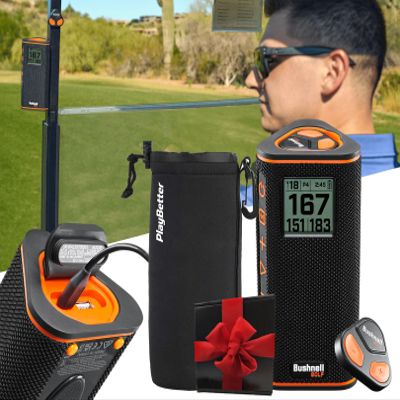 Bushnell Wingman View Golf Speaker Gift Box Bundle - LCD Display, Bluetooth Music & Audible GPS Distances - Perfect Golf Gift - Includes Wingman View, Protective Wingman Pouch, Gift Box, Red Bow