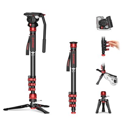 IFOOTAGE Cobra 3 Monopod with Fluid Head C180F-P + K5S, Carbon Fiber Monopod with Feet for DSLR Cameras - Canon, Nikon, Sony, Olympus, Panasonic - Maximum Height 71" - Payload 17.64Lbs/8KG