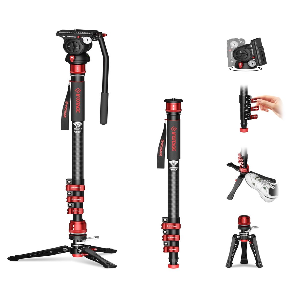 IFOOTAGE Cobra 3 Monopod with Fluid Head C180F-P + K5S, Carbon Fiber Monopod with Feet for DSLR Cameras - Canon, Nikon, Sony, Olympus, Panasonic - Maximum Height 71" - Payload 17.64Lbs/8KG
