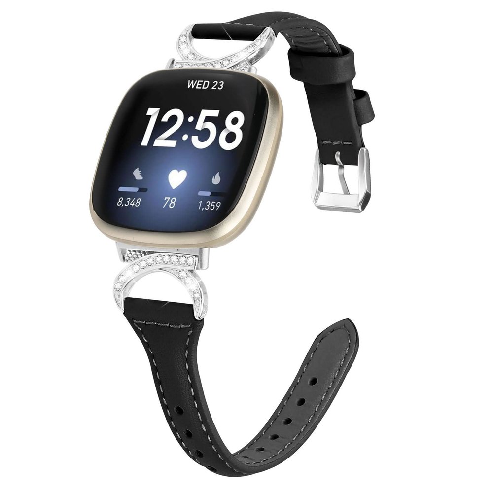 FitTurn Compatible with Fitbit Sense 2/Fitbit Versa 4 3 Bands for Women Men, Soft Genuine Leather Band Slim Strap Replacement Accessory Wristband + Metal rhinestone Adapter (Black)