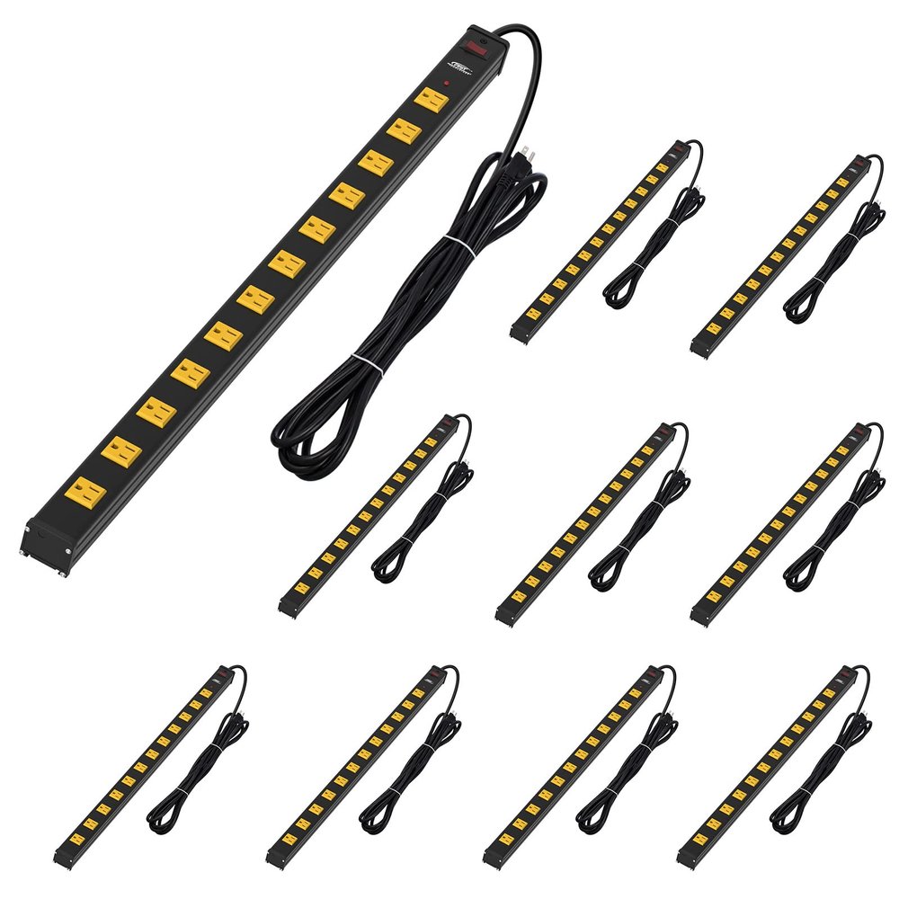 10-Pack CRST Heavy Duty Surge Protector Power Strip Wide Spaced 12-Outlet 15 Feet Long Extension Cord with Mounting Brackets 15A Circuit Breaker 1800 Joules