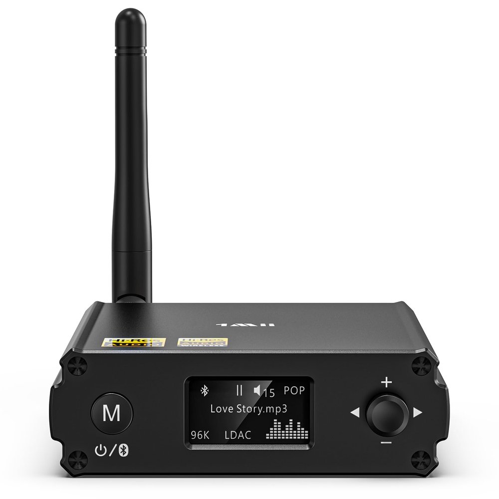 1Mii DS220 HiFi Bluetooth 5.3 Receiver Long Range Wireless Audio Adapter with Audiophile DAC, LDAC & aptX HD, OLED Display, Optical/RCA Outputs for Home Stereo & AV Receiver, EQ Mode