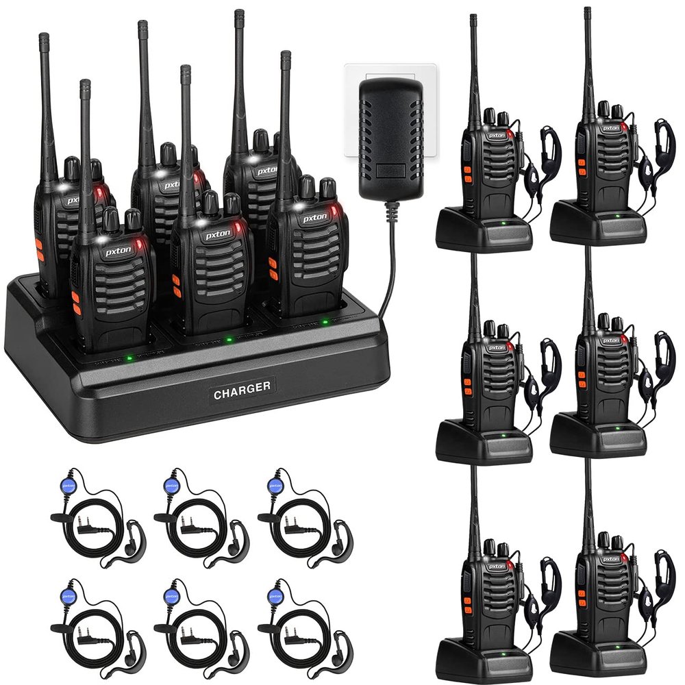 pxton walkie talkies for Adults Long Range with Upgraded Earpiece,radios walkie talkies Rechargeable Portable Two Way Radios with 6 Way Multi Gang Charger and Li-ion Battery12 Pack