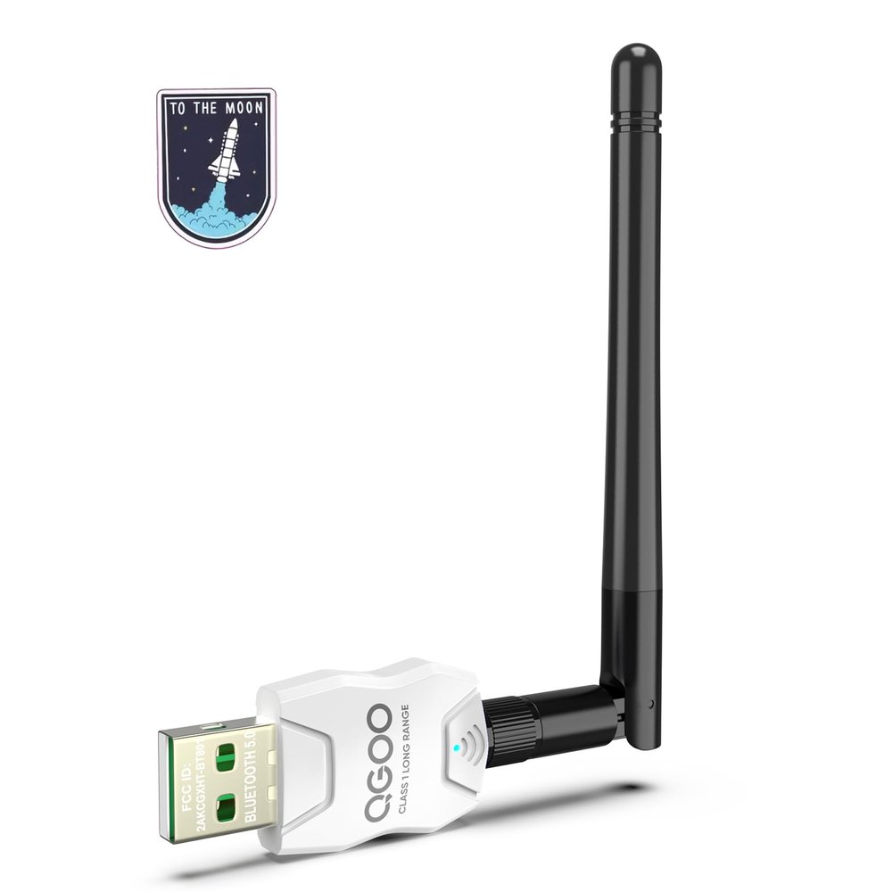 Class 1 Long Range Bluetooth Adapter for PC, QGOO USB Bluetooth Adapter for PC 5.3+EDR, Dongle Receiver Support Windows10/8.1/8/7white-130