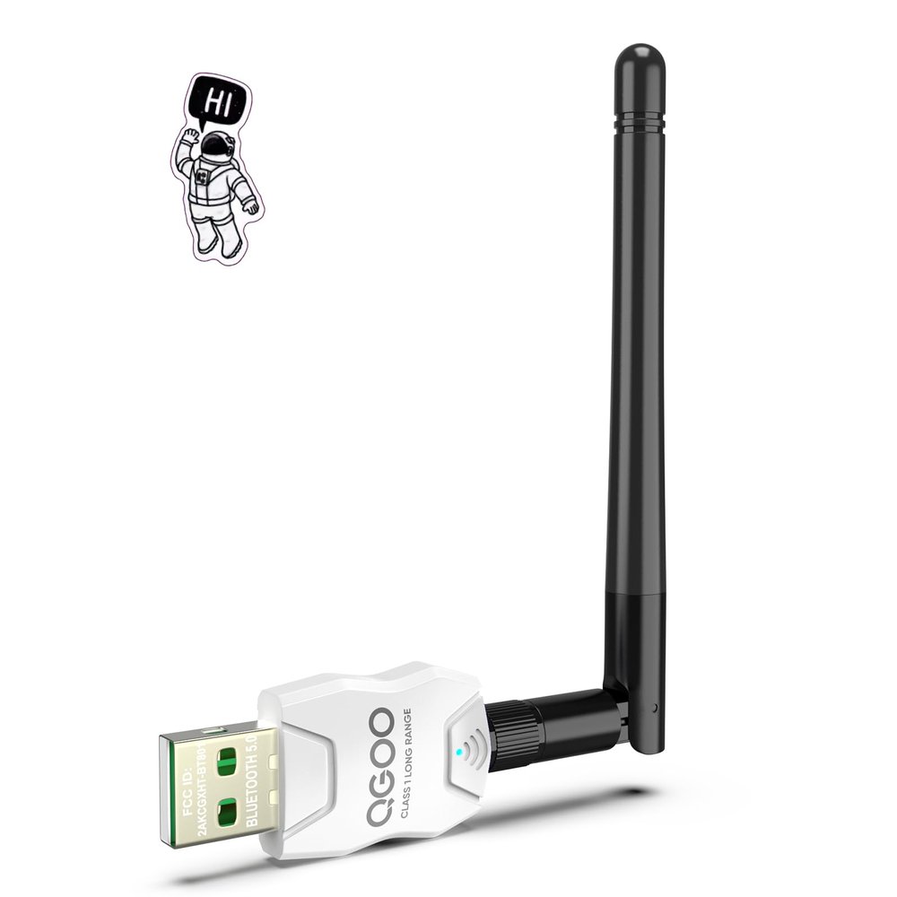 Class 1 Long Range Bluetooth Adapter for PC, QGOO USB Bluetooth Adapter for PC 5.3+EDR, Dongle Receiver Support Windows10/8.1/8/7white-185