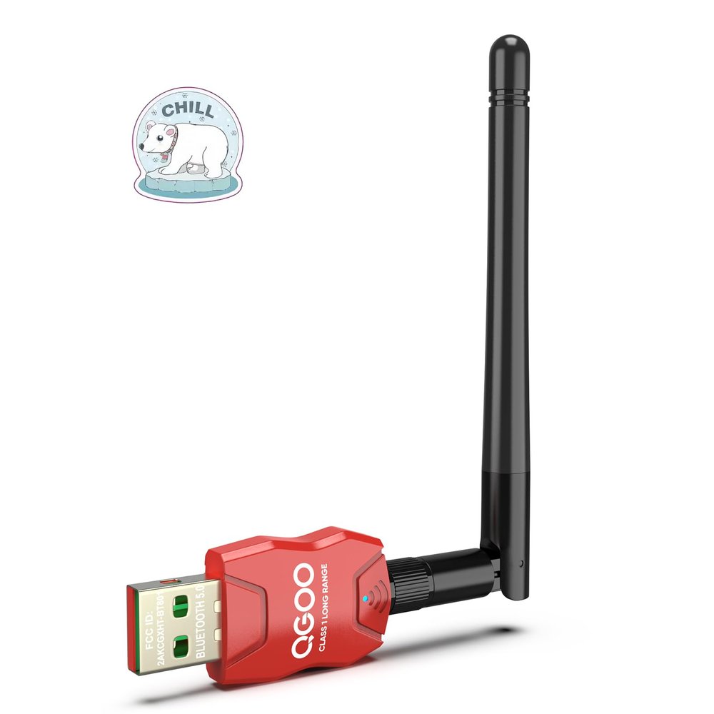 Class 1 Long Range Bluetooth Adapter for PC, QGOO USB Bluetooth Adapter for PC 5.3+EDR, Dongle Receiver Support Windows10/8.1/8/7red-147