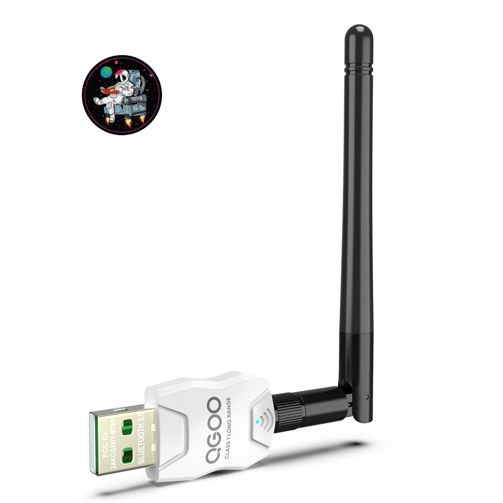 Class 1 Long Range Bluetooth Adapter for PC, QGOO USB Bluetooth Adapter for PC 5.3+EDR, Dongle Receiver Support Windows10/8.1/8/7white-120