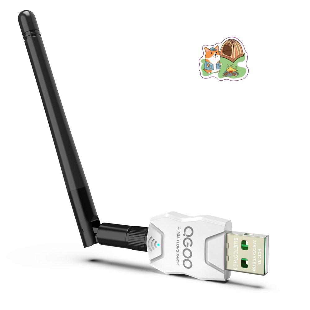 Class 1 Long Range Bluetooth Adapter for PC, QGOO USB Bluetooth Adapter for PC 5.3+EDR, Dongle Receiver Support Windows10/8.1/8/7white-044
