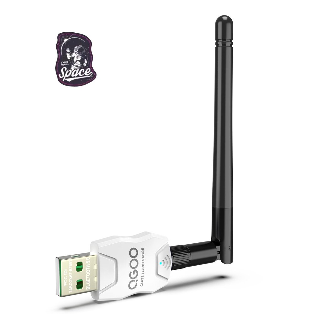 Class 1 Long Range Bluetooth Adapter for PC, QGOO USB Bluetooth Adapter for PC 5.3+EDR, Dongle Receiver Support Windows10/8.1/8/7white-211