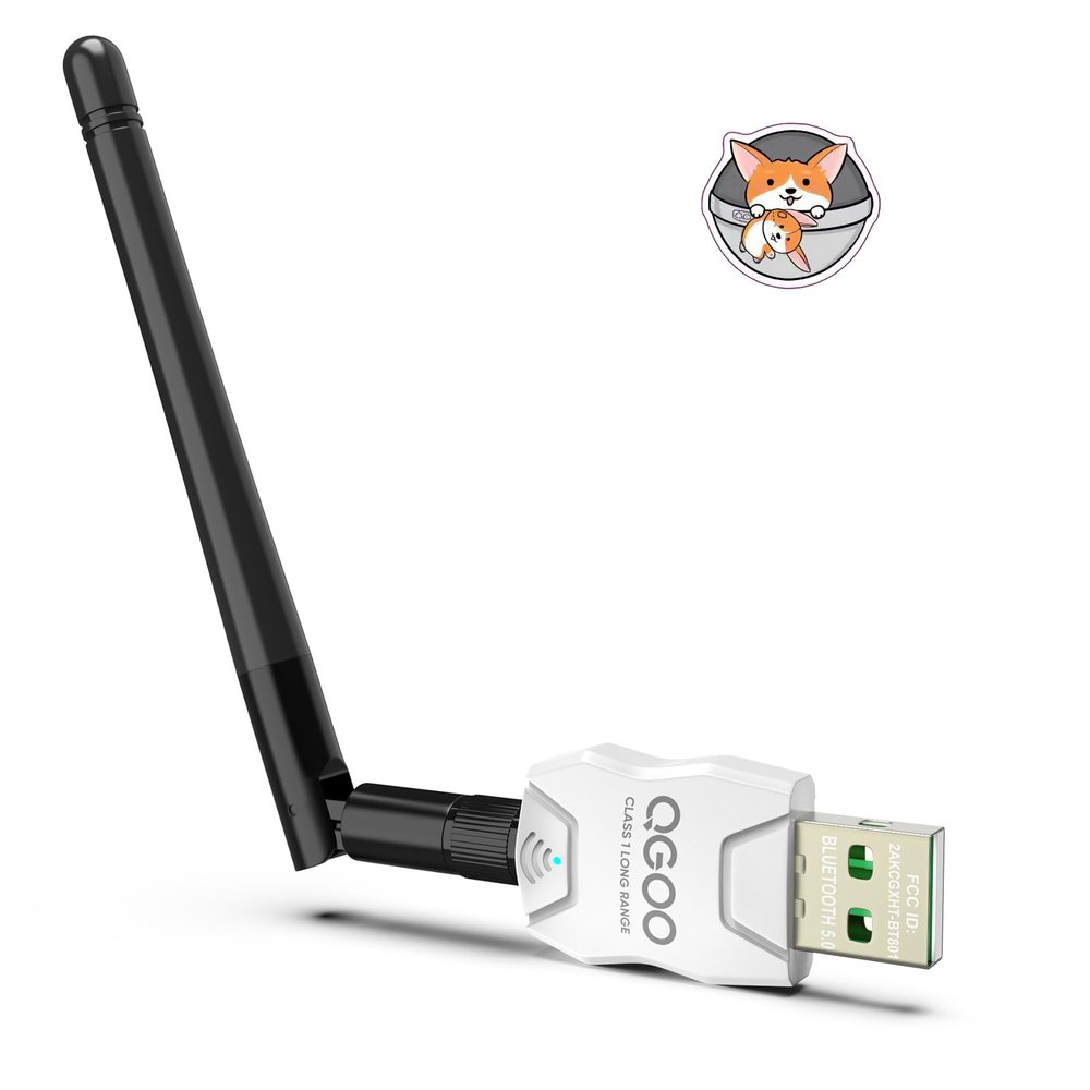 Class 1 Long Range Bluetooth Adapter for PC, QGOO USB Bluetooth Adapter for PC 5.3+EDR, Dongle Receiver Support Windows10/8.1/8/7white-070