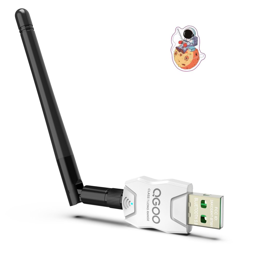 Class 1 Long Range Bluetooth Adapter for PC, QGOO USB Bluetooth Adapter for PC 5.3+EDR, Dongle Receiver Support Windows10/8.1/8/7white-139