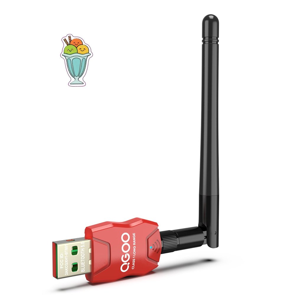 Class 1 Long Range Bluetooth Adapter for PC, QGOO USB Bluetooth Adapter for PC 5.3+EDR, Dongle Receiver Support Windows10/8.1/8/7red-142