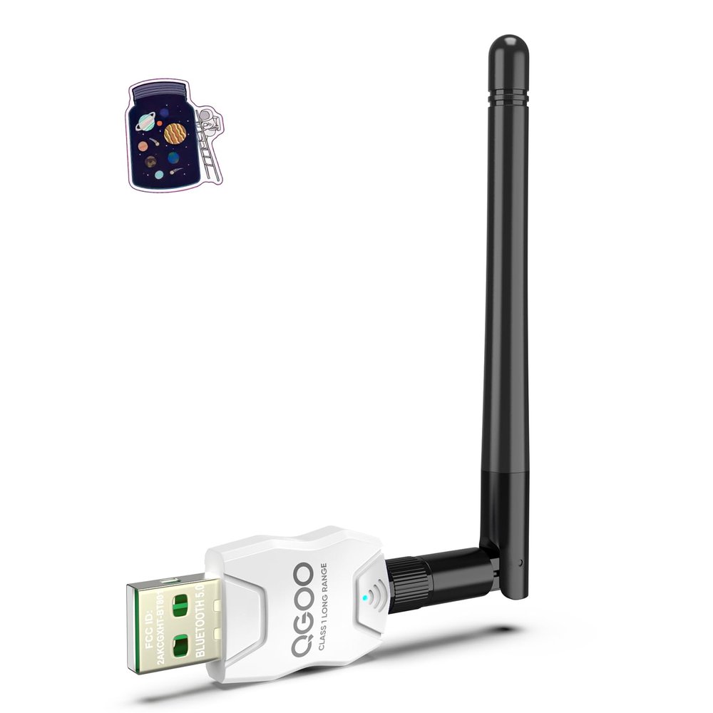 Class 1 Long Range Bluetooth Adapter for PC, QGOO USB Bluetooth Adapter for PC 5.3+EDR, Dongle Receiver Support Windows10/8.1/8/7white-082