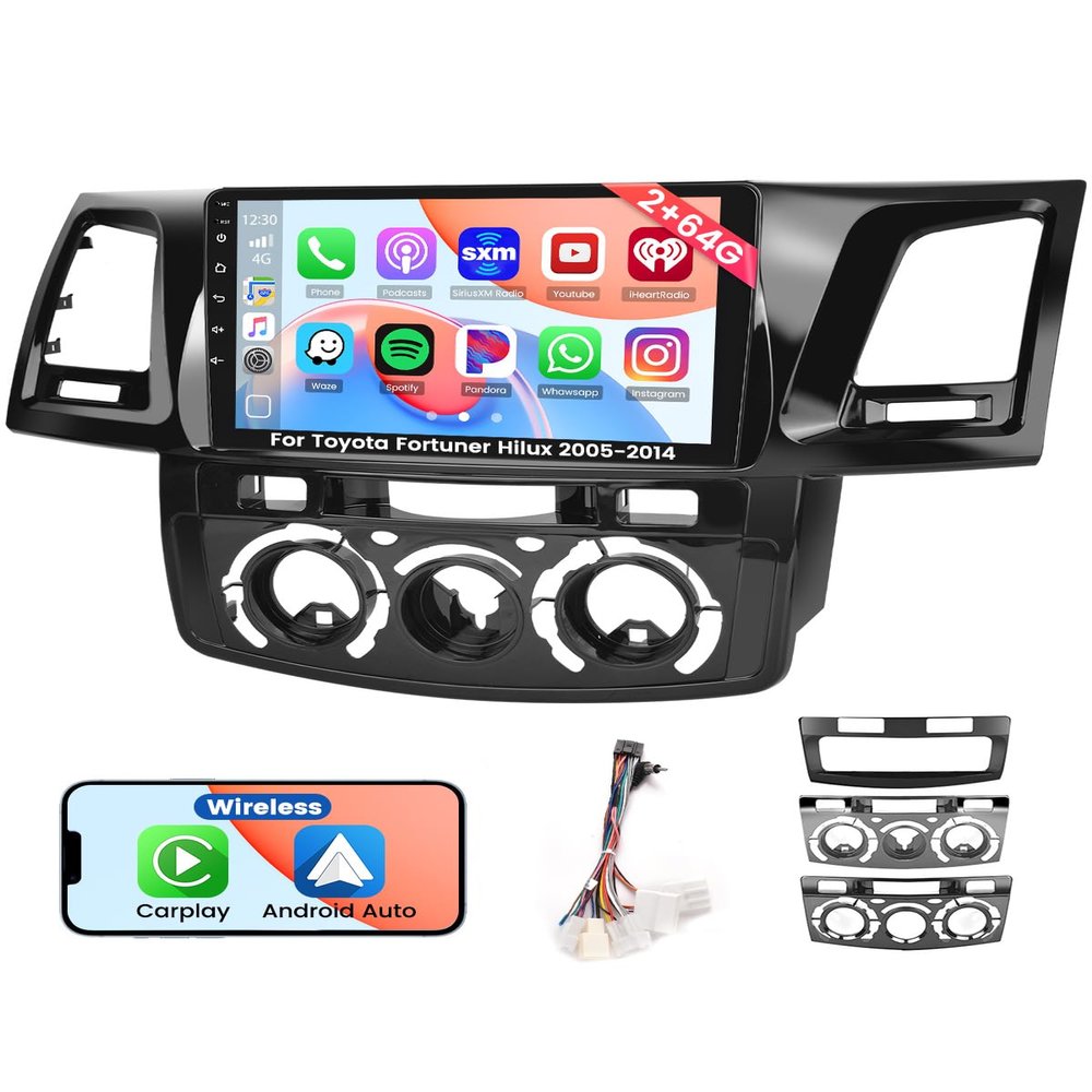 Roinvou 2+64G Android Radio for Toyota Fortuner Hilux 2005-2014, 9'' Touch Screen Stereo with Carplay/GPS Navigation/DSP/Bluetooth/5GHz WiFi/Mirror Link/FM RDS + Backup Camera