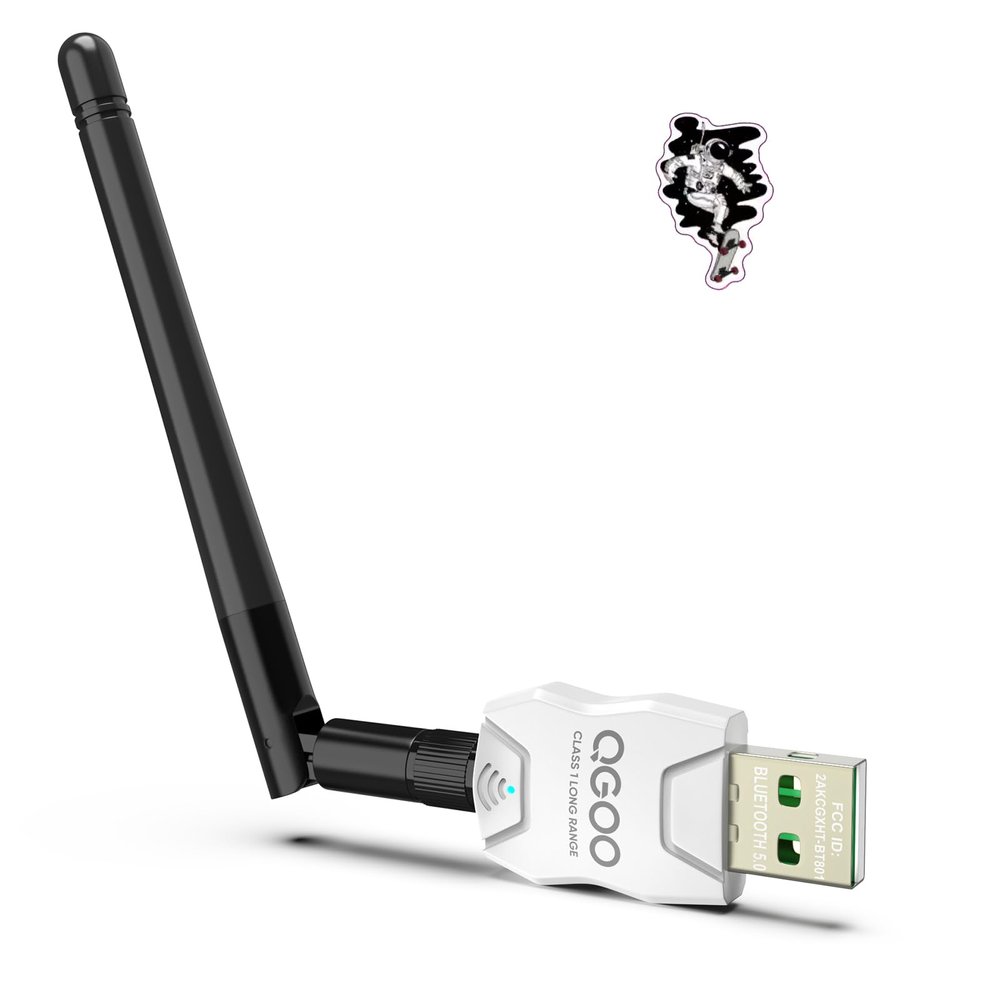 Class 1 Long Range Bluetooth Adapter for PC, QGOO USB Bluetooth Adapter for PC 5.3+EDR, Dongle Receiver Support Windows10/8.1/8/7white-113