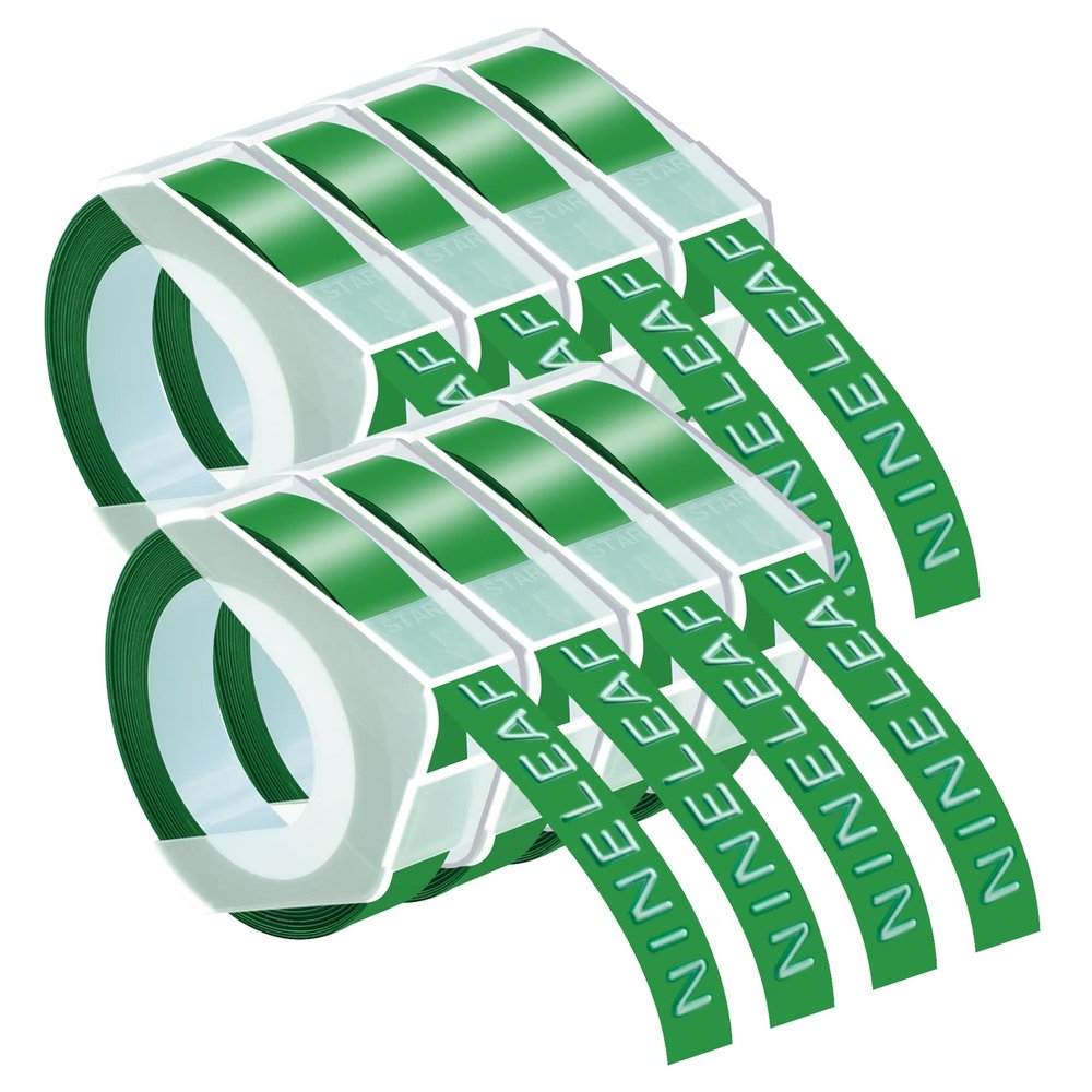 NineLeaf 8 Pack Compatible for Dymo 520103 9mm 3D Embossing Label Maker Tape 3/8'' White on Green 3D Plastic Labels for Organizer Xpress Pro, MoTEX E101 E404, Office Mate II