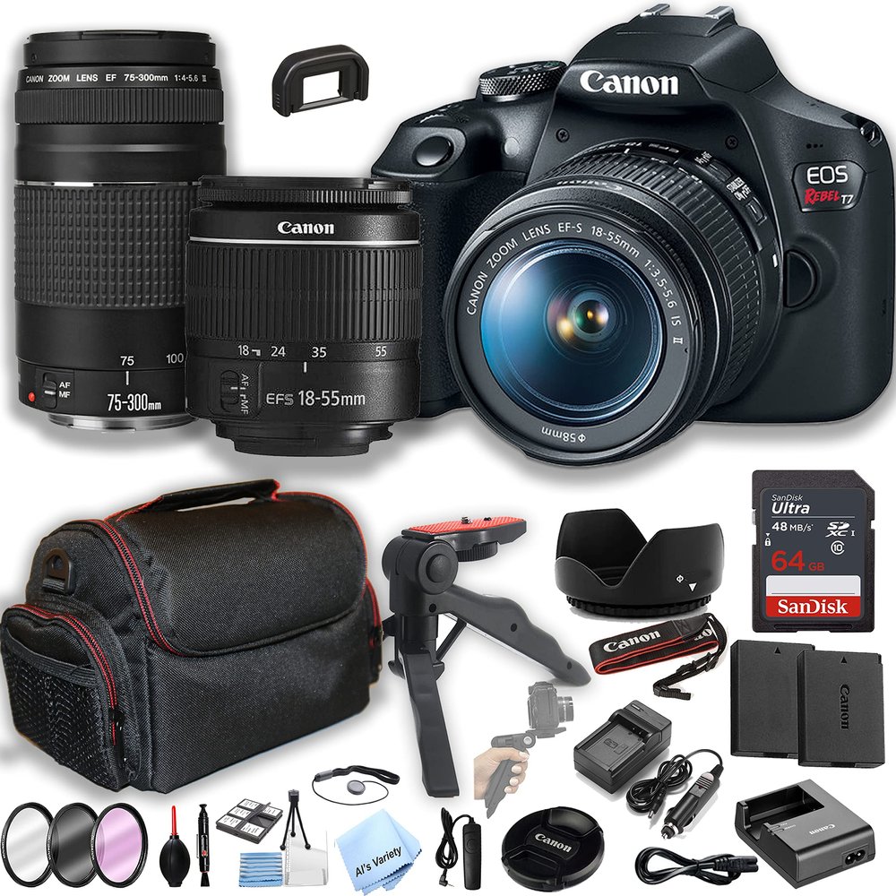Canon EOS Rebel T7 DSLR Camera w/EF-S 18-55mm F/3.5-5.6 is II Zoom + 75-300mm F/4-5.6 III + 64GB + Case+ Steady Grip Pod + Filters + Remote + 2X Batteries + More (30pc Bundle) (Renewed)