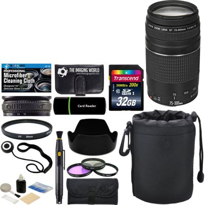 Canon EF 75-300mm f/4-5.6 III Zoom Lens + 32 GB Card + Pouch + Hood + Filters + Accessories Bundle for EOS 5D 6D 7D 90D 80D 70D 60D, Rebel T8I T7i 77D T6s T6i T5i T4i T3i SL1 SL2 T6 Cameras (Renewed)